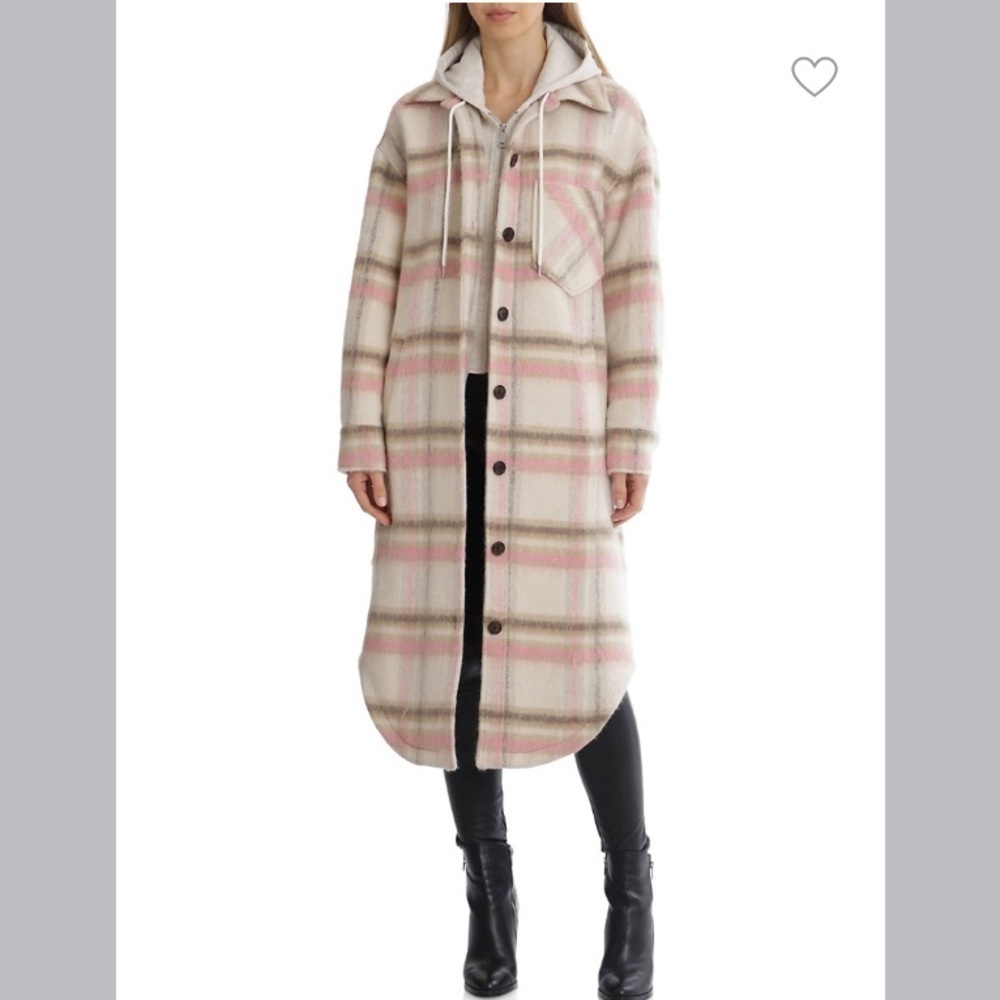 New Avec Les Filles Checked Longline Hooded Shirt Jacket Pink Cream Plaid nwt M